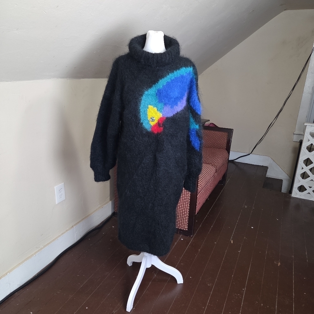 VTG 80s Handmade Fuzzy Mohair Sweater Dress Parrot Graphic Turtleneck Midi L